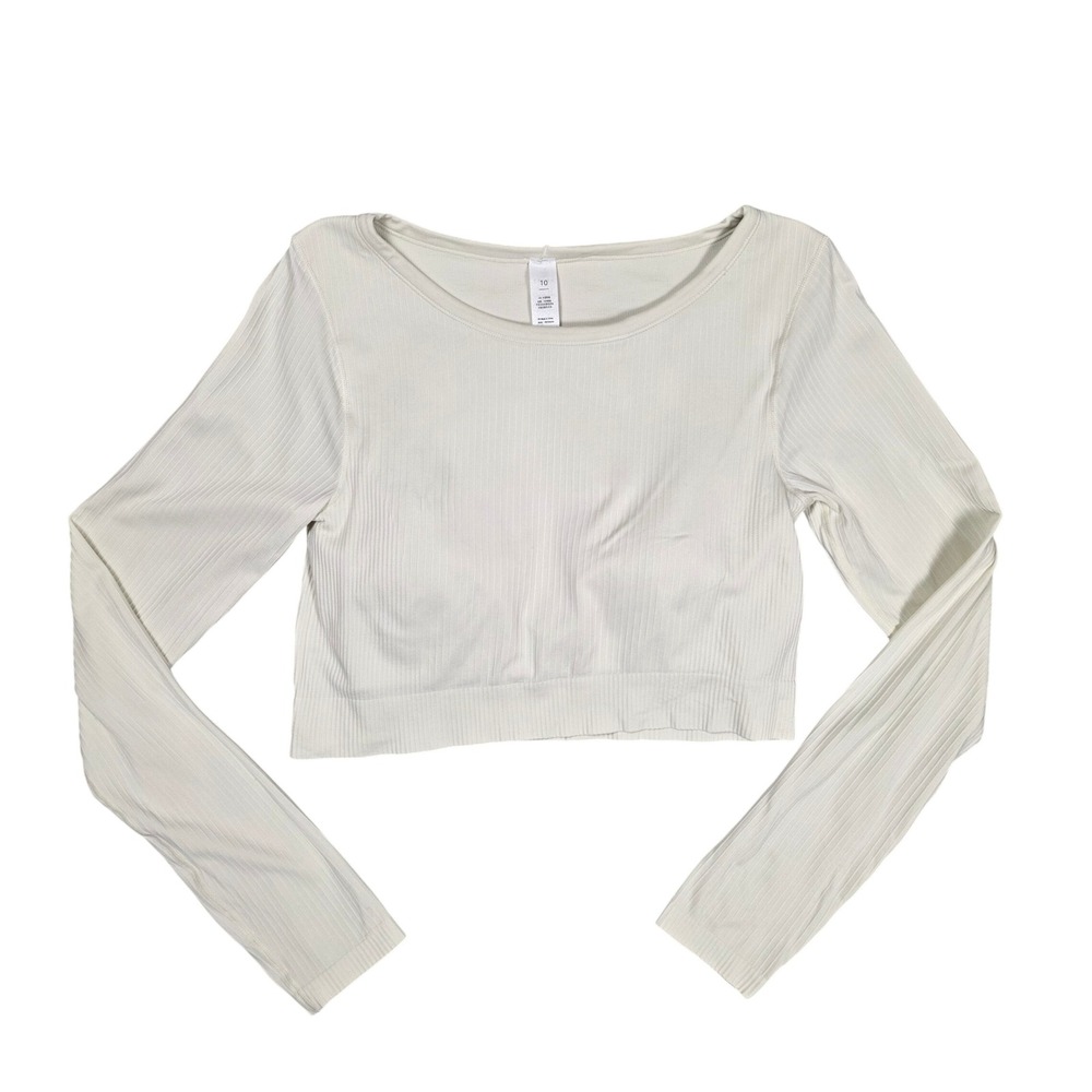 Long Sleeve Ribbed Crew Neck Crop Top Women's 10 Cream GOOD Minimalist Active